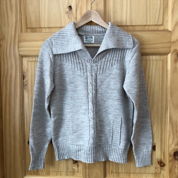 Vintage Society taupe cable knit pullover pouch pocket sweater size M - Picture 2 of 10
